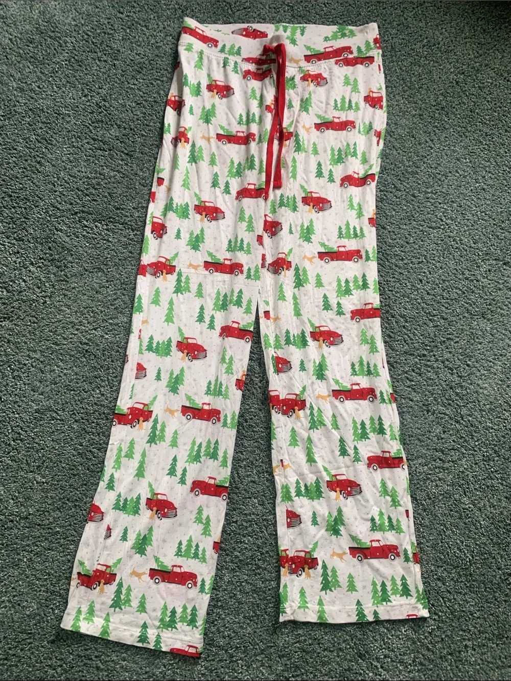 Cynthia Rowley White Pajama Pants with Red Trucks and Green Trees Christmas